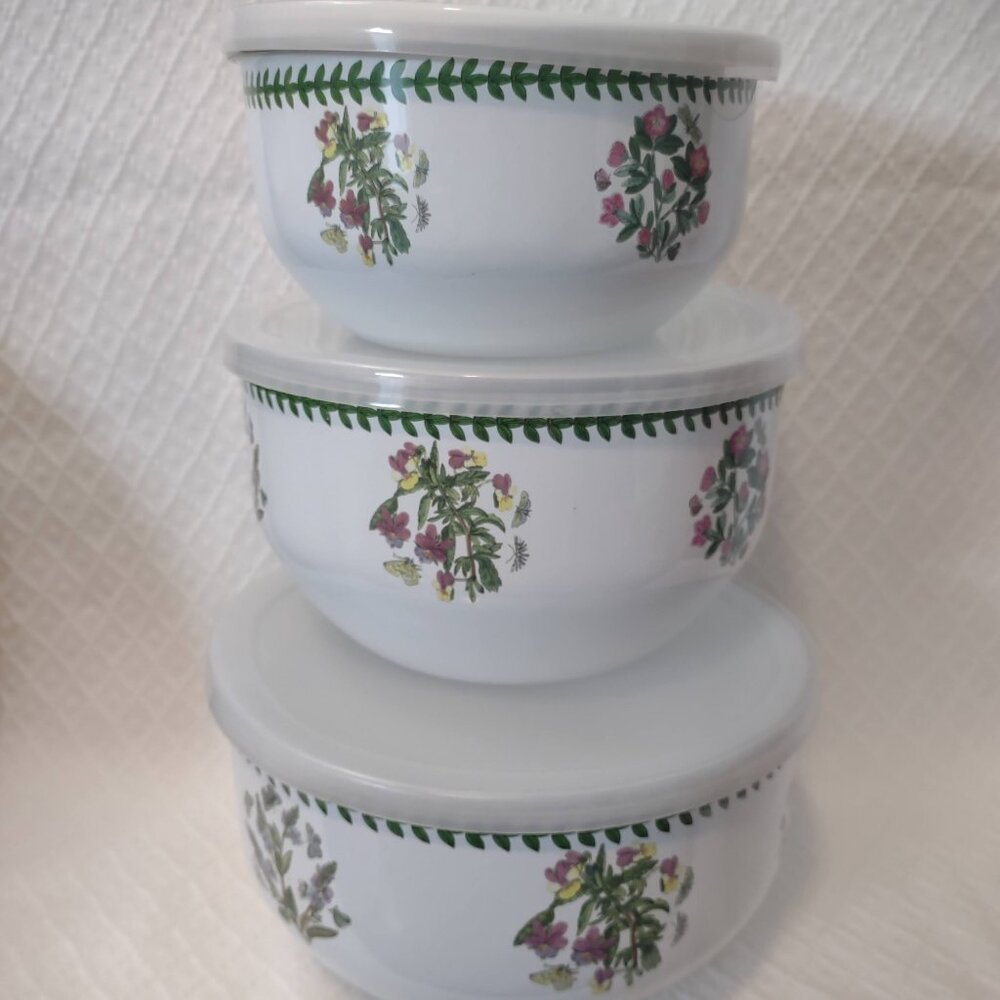 Metal Mixing Bowl Set 3 Nesting w/ Plastic Lids Floral Indonesia